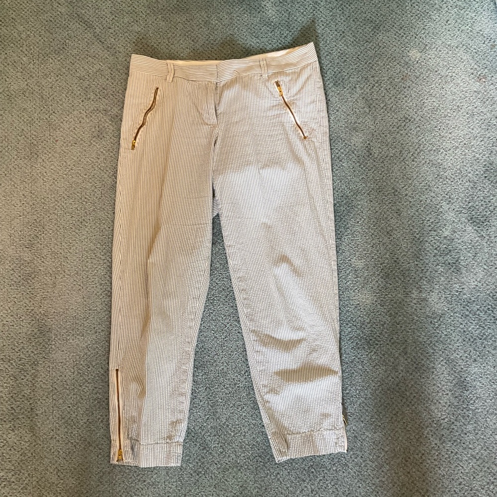 J. Crew Blue and White Seersucker Skinny Pants with Gold Zippers